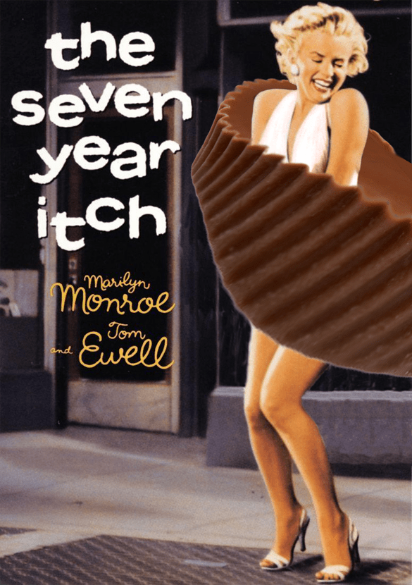 Marilyn Monroe standing on a subway grate with her dress -- or in this case, her Reese's peanut butter cup skirt -- blowing in the wind, from The Seven Year Itch