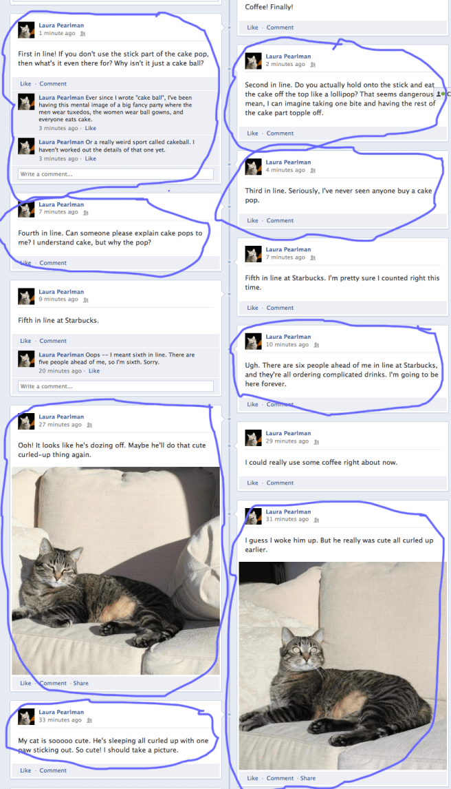 A very boring Facebook timeline, with some updates marked for highlighting.